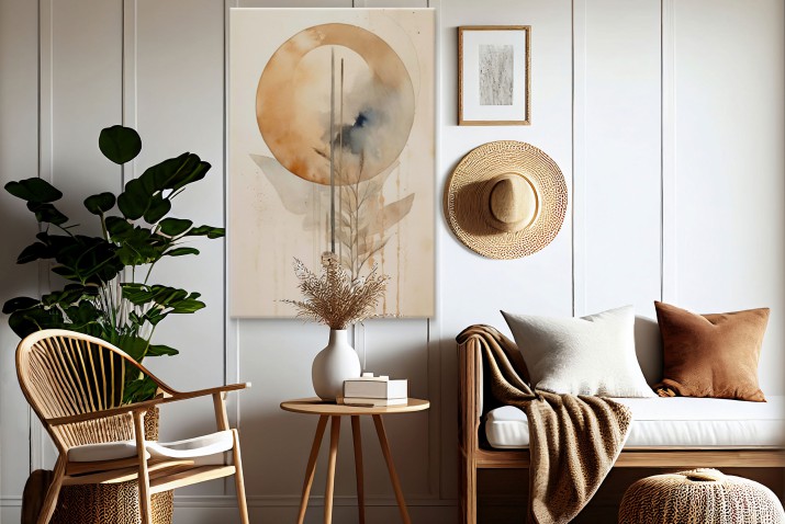 Elegancki obraz w stylu boho – Abstrakcja w akwareli | Minimalistyczny motyw rośliny w beżu 68208 - zdjęcie 3