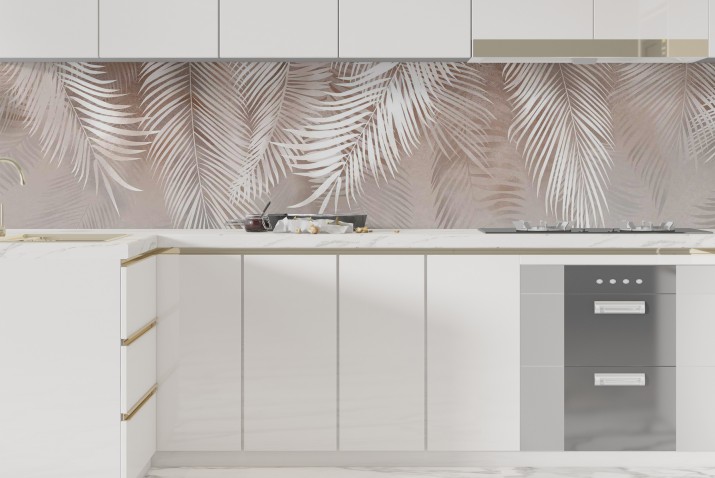 Beżowy Lacobel- Pióra | Dekoracja nad blat do kuchni w stylu boho | Panel kuchenny P90041