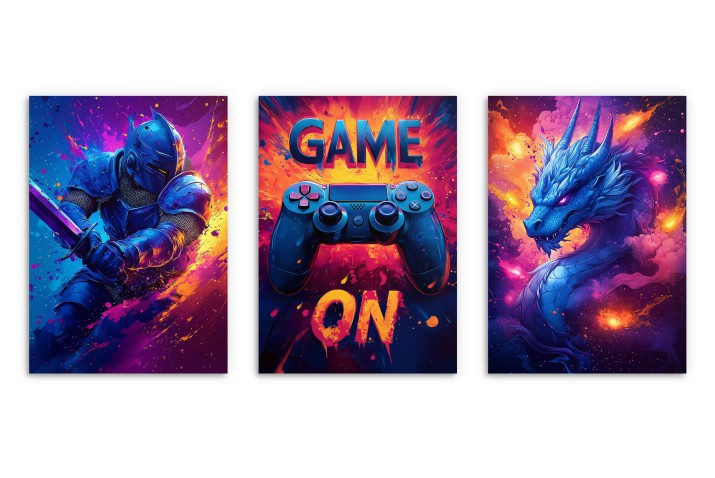 Zestaw Neonowych Plakatów Gamingowych – Game On, Wojownik, Smok – Dekoracja do Pokoju Gracza 94115 - zdjęcie 8