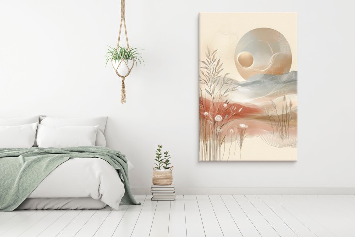 Obraz do salonu – pastelowy krajobraz z trawami i zachodem słońca | Harmonijna grafika w stylu japandi i soft boho 68205 - zdjęcie 4