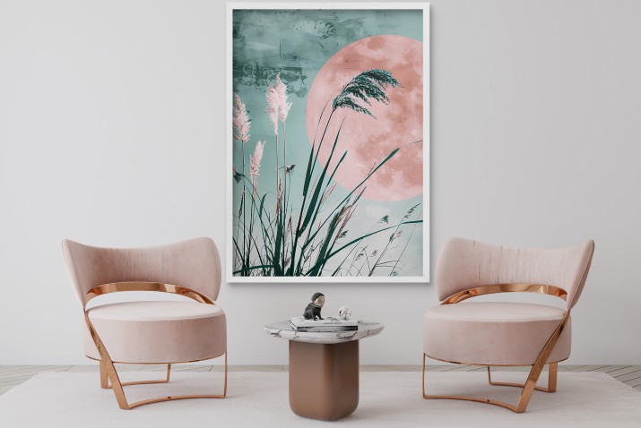 Pastelowy plakat z motywem różowego księżyca i i trawy pampasowej | Subtelna dekoracja ścienna do sypialni, salonu lub biura 61755 - zdjęcie 4