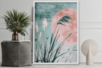Pastelowy plakat z motywem różowego księżyca i i trawy pampasowej | Subtelna dekoracja ścienna do sypialni, salonu lub biura 61755 Naklejkomania - zdjecie 6 - miniatura