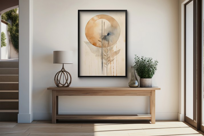 Beżowy Plakat- abstrakcja z akwarelowym motywem koła i roślin | Minimalistyczna dekoracja w stylu Boho Japandi 61751 - zdjęcie 5