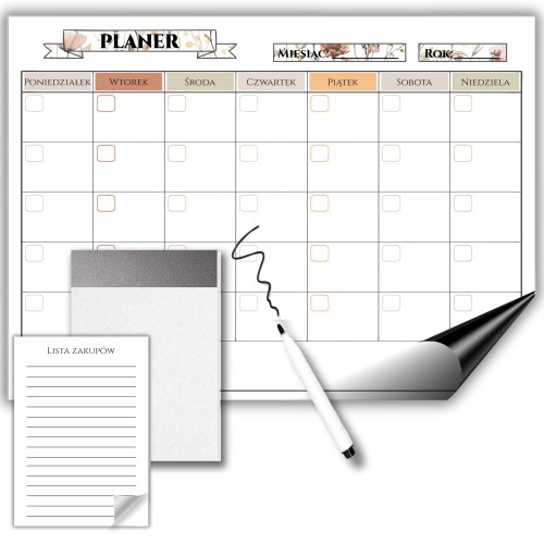 Boho Planer na lodówkę, Tablica magnetyczna, Kalendarz + Notes i pisak 4656