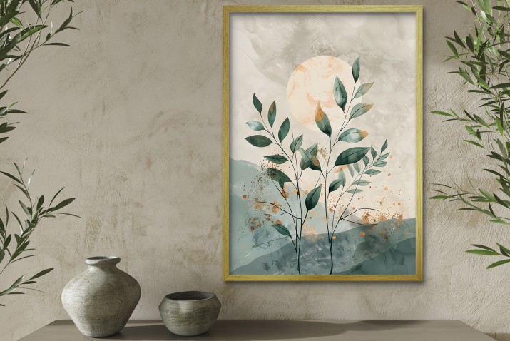 Minimalistyczny Plakat z Motywem Natury – Zielone Liście i Słońce | Pastelowe Kolory, styl boho, skandynawski 61754 - zdjęcie 5