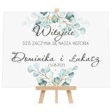Dekoracja ślubna- Powitanie gości na weselu | Napis Witajcie na wejście do sali | Tablica powitalna wesele Zielone liście 61747 Naklejkomania - zdjecie 1 - miniatura