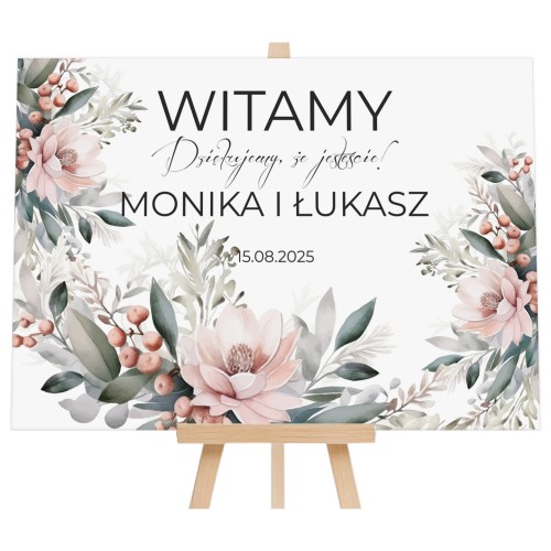 Plakat na wejście do sali- Powitanie gości weselnych | Elegancka Tablica powitalna | Napis Witamy z imionami i datą 61748 Naklejkomania - zdjecie 1