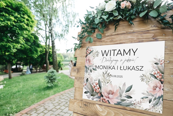 Plakat na wejście do sali- Powitanie gości weselnych | Elegancka Tablica powitalna | Napis Witamy z imionami i datą 61748 - zdjęcie 4