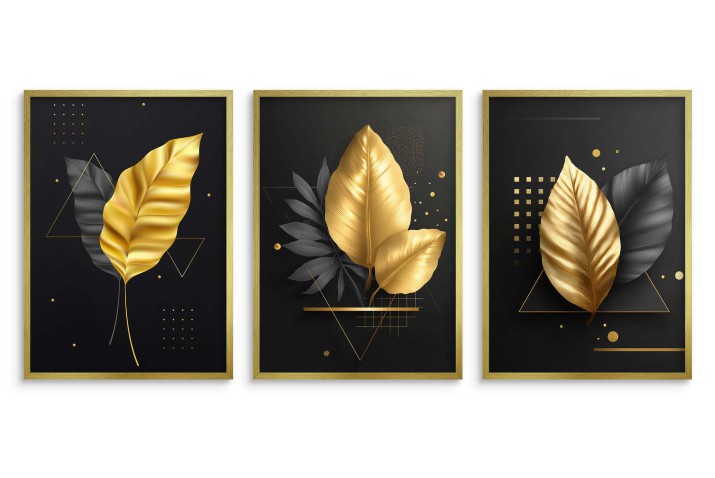 Nowoczesne plakaty Złote Liście | Elegancka Czarno- złota dekoracja do salonu, sypialni, biura w stylu glamour 81819 - zdjęcie 4