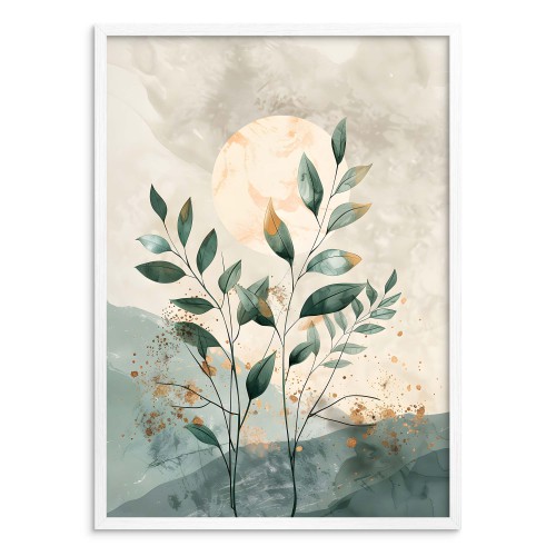 Minimalistyczny Plakat z Motywem Natury – Zielone Liście i Słońce | Pastelowe Kolory, styl boho, skandynawski 61754 - zdjęcie 3