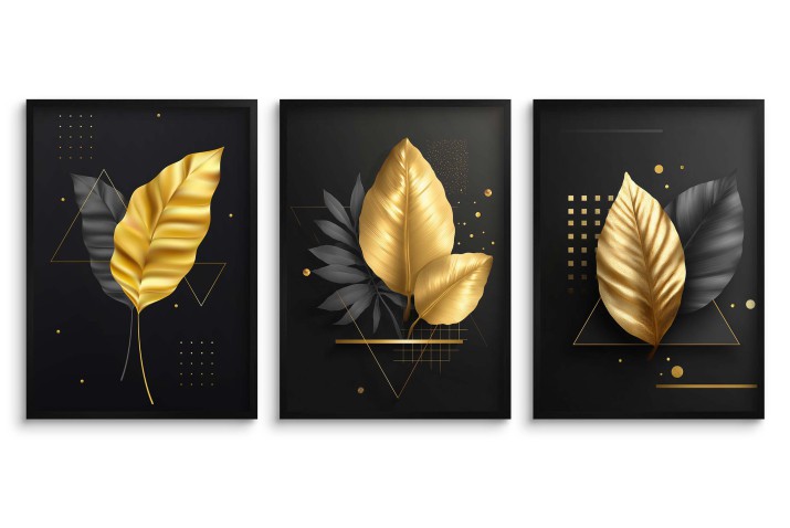 Nowoczesne plakaty Złote Liście | Elegancka Czarno- złota dekoracja do salonu, sypialni, biura w stylu glamour 81819 - zdjęcie 2