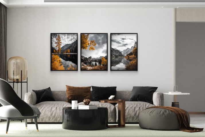 Czarno-białe Plakaty z Pomarańczowym akcentem | Jesienny Krajobraz- pejzaż górski | Nastrojowa Dekoracja ścienna do salonu, sypialni, gabinetu 81827 - zdjęcie 5