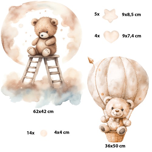 Urocze Naklejki ścienne z Misiami i Balonem | Delikatna dekoracja na ścianę do pokoju dziecka | Ozdoby do żłobka i przedszkola T42129 - zdjęcie 3