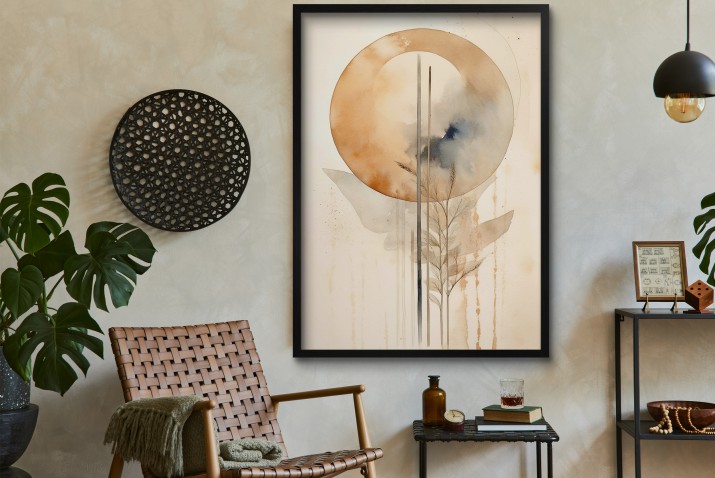 Beżowy Plakat- abstrakcja z akwarelowym motywem koła i roślin | Minimalistyczna dekoracja w stylu Boho Japandi 61751 - zdjęcie 7