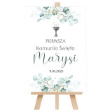 Subtelny Plakat na Pierwszą Komunię z motywem liści  | Tablica Powitalna na Komunię z imieniem i datą | Powitanie gości Pierwsza Komunia Święta  61732 Naklejkomania - zdjecie 1 - miniatura