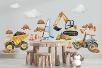 Duży Zestaw naklejek na ścianę dla przedszkolaka- Pojazdy, maszyny budowlane | Dekoracje do pokoju dziecka T42150 Naklejkomania - zdjecie 1 - miniatura