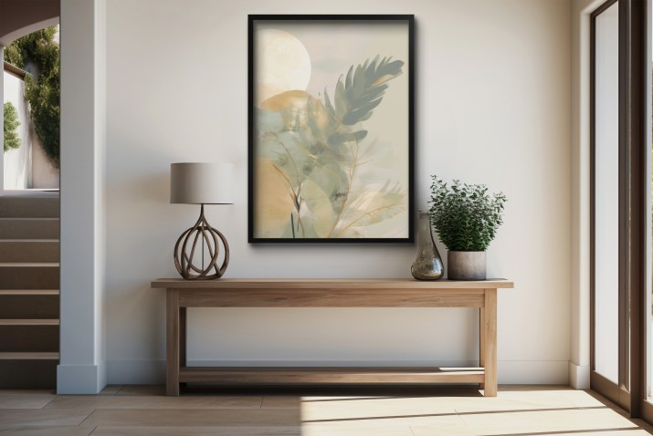 Akwarelowy plakat- pastelowe liście | Artystyczna grafika w odcieniach beżu i zieleni | Dekoracja ścienna w stylu zen 61756 - zdjęcie 6