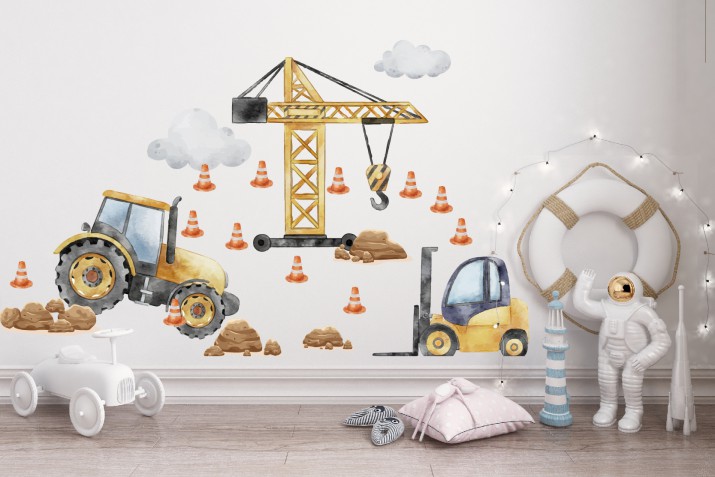 Ozdobne naklejki na ścianę- plac budowy, dźwig, traktor | Dekoracje dla przedszkolaka, do pokoju chłopca T42151
