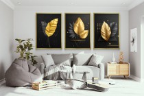 Nowoczesne plakaty Złote Liście | Elegancka Czarno- złota dekoracja do salonu, sypialni, biura w stylu glamour 81819 Naklejkomania - zdjecie 5 - miniatura