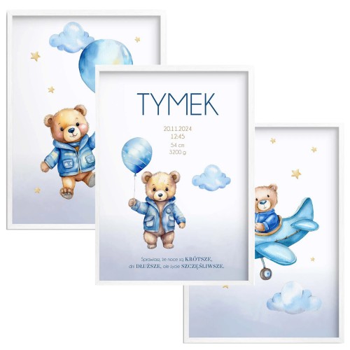 Personalizowany zestaw plakatów z metryczką narodzin – Miś, Samolot, Balon |  Niebieska dekoracja do pokoju chłopca |  Prezent na urodziny, Chrzest MT017