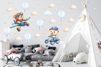 Urocze dziecięce Naklejki na ścianę – Misie, Samolot i Auto | Dekoracja ścienna do pokoju chłopca | Balony, gwiazdki T42132 Naklejkomania - zdjecie 1 - miniatura