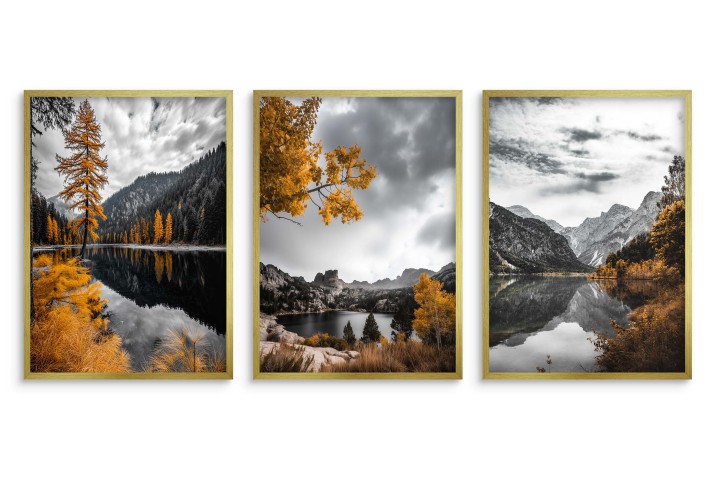 Czarno-białe Plakaty z Pomarańczowym akcentem | Jesienny Krajobraz- pejzaż górski | Nastrojowa Dekoracja ścienna do salonu, sypialni, gabinetu 81827 - zdjęcie 2