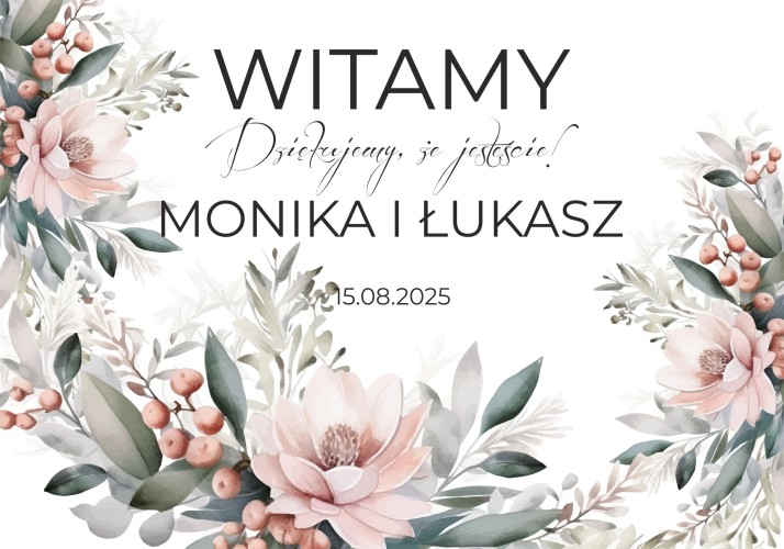 Plakat na wejście do sali- Powitanie gości weselnych | Elegancka Tablica powitalna | Napis Witamy z imionami i datą 61748 - zdjęcie 2