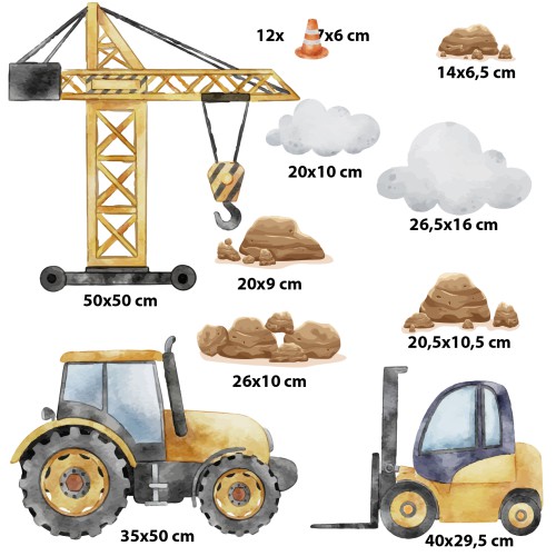 Ozdobne naklejki na ścianę- plac budowy, dźwig, traktor | Dekoracje dla przedszkolaka, do pokoju chłopca T42151 - zdjęcie 2