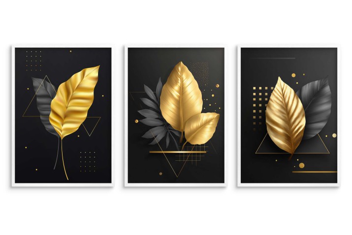Nowoczesne plakaty Złote Liście | Elegancka Czarno- złota dekoracja do salonu, sypialni, biura w stylu glamour 81819 - zdjęcie 3