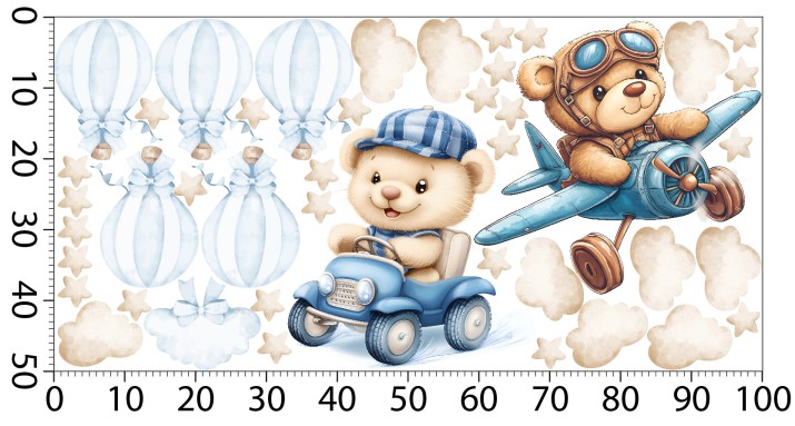 Urocze dziecięce Naklejki na ścianę – Misie, Samolot i Auto | Dekoracja ścienna do pokoju chłopca | Balony, gwiazdki T42132 - zdjęcie 3
