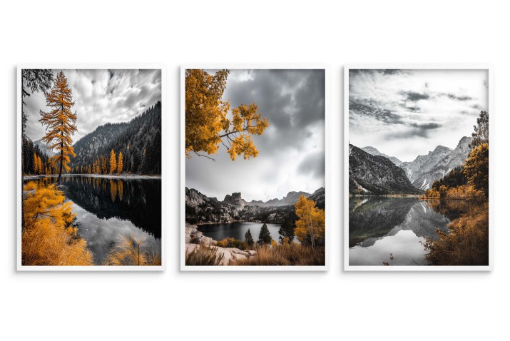Czarno-białe Plakaty z Pomarańczowym akcentem | Jesienny Krajobraz- pejzaż górski | Nastrojowa Dekoracja ścienna do salonu, sypialni, gabinetu 81827 - zdjęcie 3