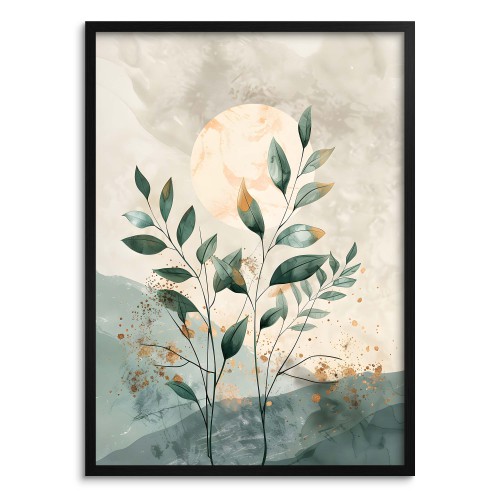 Minimalistyczny Plakat z Motywem Natury – Zielone Liście i Słońce | Pastelowe Kolory, styl boho, skandynawski 61754 - zdjęcie 2