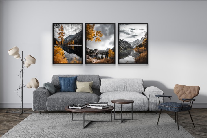 Czarno-białe Plakaty z Pomarańczowym akcentem | Jesienny Krajobraz- pejzaż górski | Nastrojowa Dekoracja ścienna do salonu, sypialni, gabinetu 81827 - zdjęcie 7