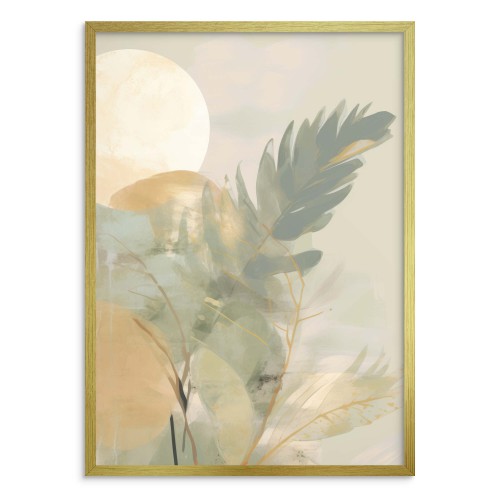 Akwarelowy plakat- pastelowe liście | Artystyczna grafika w odcieniach beżu i zieleni | Dekoracja ścienna w stylu zen 61756