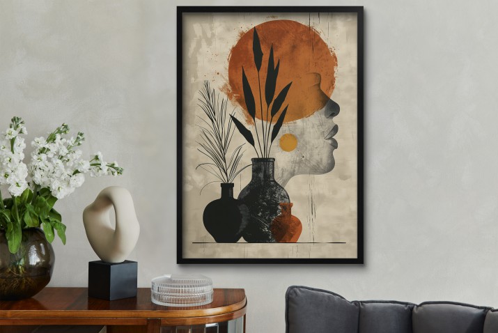 Beżowy Plakat do wnętrz w stylu boho, etno | Artystyczna grafika z pomarańczowym słońcem 61758 - zdjęcie 6