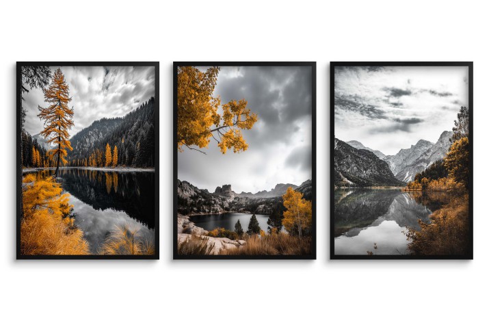 Czarno-białe Plakaty z Pomarańczowym akcentem | Jesienny Krajobraz- pejzaż górski | Nastrojowa Dekoracja ścienna do salonu, sypialni, gabinetu 81827 - zdjęcie 4