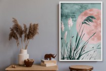 Pastelowy plakat z motywem różowego księżyca i i trawy pampasowej | Subtelna dekoracja ścienna do sypialni, salonu lub biura 61755 Naklejkomania - zdjecie 5 - miniatura