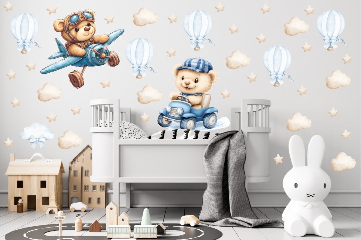Urocze dziecięce Naklejki na ścianę – Misie, Samolot i Auto | Dekoracja ścienna do pokoju chłopca | Balony, gwiazdki T42132 - zdjęcie 2