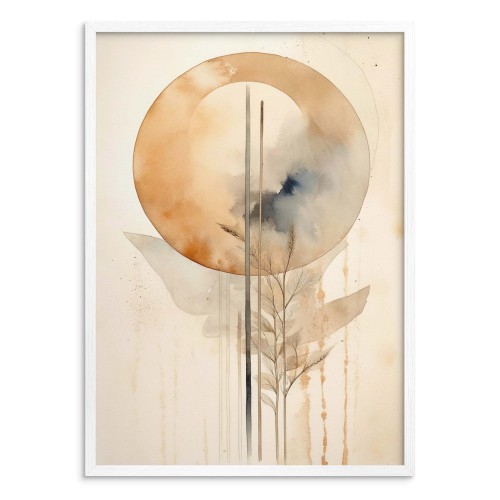 Beżowy Plakat- abstrakcja z akwarelowym motywem koła i roślin | Minimalistyczna dekoracja w stylu Boho Japandi 61751 - zdjęcie 3