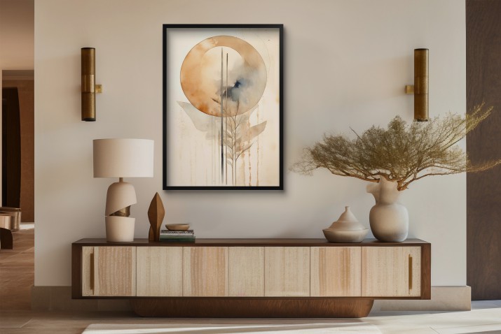 Beżowy Plakat- abstrakcja z akwarelowym motywem koła i roślin | Minimalistyczna dekoracja w stylu Boho Japandi 61751 - zdjęcie 6