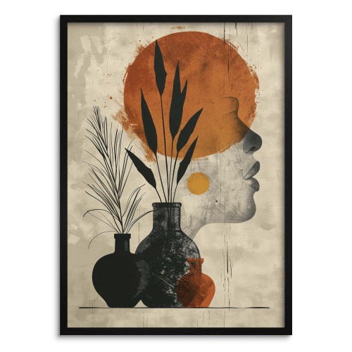 Beżowy Plakat do wnętrz w stylu boho, etno | Artystyczna grafika z pomarańczowym słońcem 61758