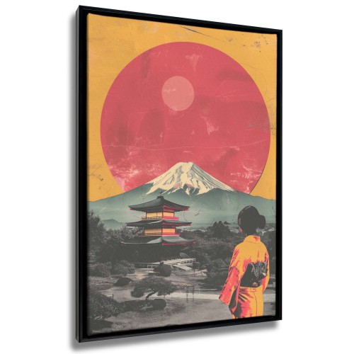 Obraz w ramie American Box z japońskim krajobrazem- Góra Fuji, czerwone słońce i pagoda | Styl vintage, retro R94177 Naklejkomania - zdjecie 1