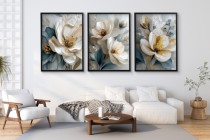 Zestaw 3 eleganckich plakatów z kwiatami magnolii w beżu i błękicie – dekoracja ścienna do salonu, sypialni w stylu glamour KP 81969 Naklejkomania - zdjecie 5 - miniatura