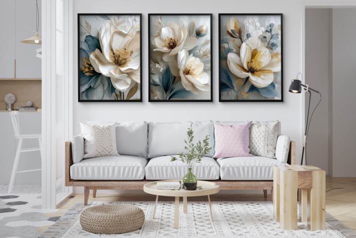 Zestaw 3 eleganckich plakatów z kwiatami magnolii w beżu i błękicie – dekoracja ścienna do salonu, sypialni w stylu glamour KP 81969 - zdjęcie 6