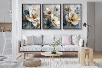 Zestaw 3 eleganckich plakatów z kwiatami magnolii w beżu i błękicie – dekoracja ścienna do salonu, sypialni w stylu glamour KP 81969 Naklejkomania - zdjecie 6 - miniatura