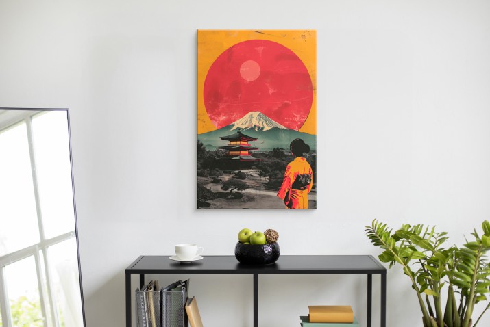Obraz z japońskim krajobrazem- Góra Fuji, czerwone słońce i pagoda | Dekoracja w stylu retro, vintage inspirowana Japonią 94177 - zdjęcie 3