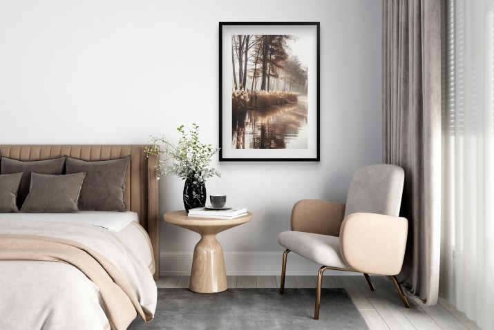 Plakat z Leśnym Krajobrazem w Beżowo-Złotej Tonacji | Mglisty Poranek nad Rzeką | Obrazy boho 94168 - zdjęcie 5