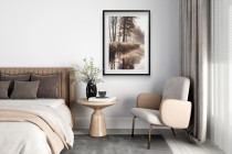 Plakat z Leśnym Krajobrazem w Beżowo-Złotej Tonacji | Mglisty Poranek nad Rzeką | Obrazy boho 94168 Naklejkomania - zdjecie 5 - miniatura