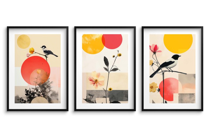 Tryptyk Geometria i Ptaki– Plakaty w Stylu Japandi | Minimalistyczne Obrazy na ścianę Czerwony i Żółty 81839 - zdjęcie 3