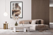 Plakat z Leśnym Krajobrazem w Beżowo-Złotej Tonacji | Mglisty Poranek nad Rzeką | Obrazy boho 94168 Naklejkomania - zdjecie 2 - miniatura